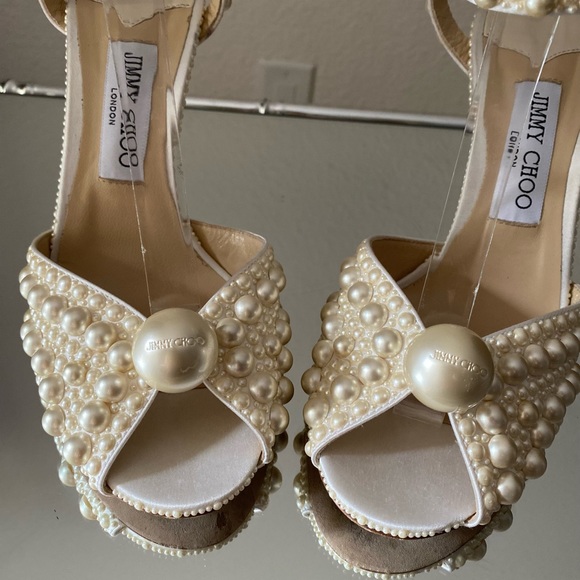 Like new Jimmy Choo Sacora 100 White Satin Sandals with All Over Pearls $1,950 - Picture 10 of 17